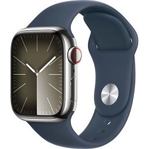 Apple Watch Series 9 41 mm Cellular Strieborný nerez s búrkovo modrým športovým remienkom – M/L