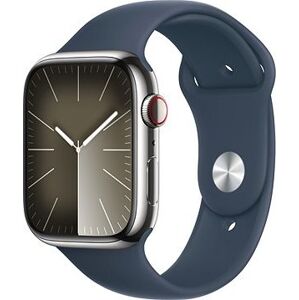 Apple Watch Series 9 45 mm Cellular Strieborný nerez s búrkovo modrým športovým remienkom – S/M
